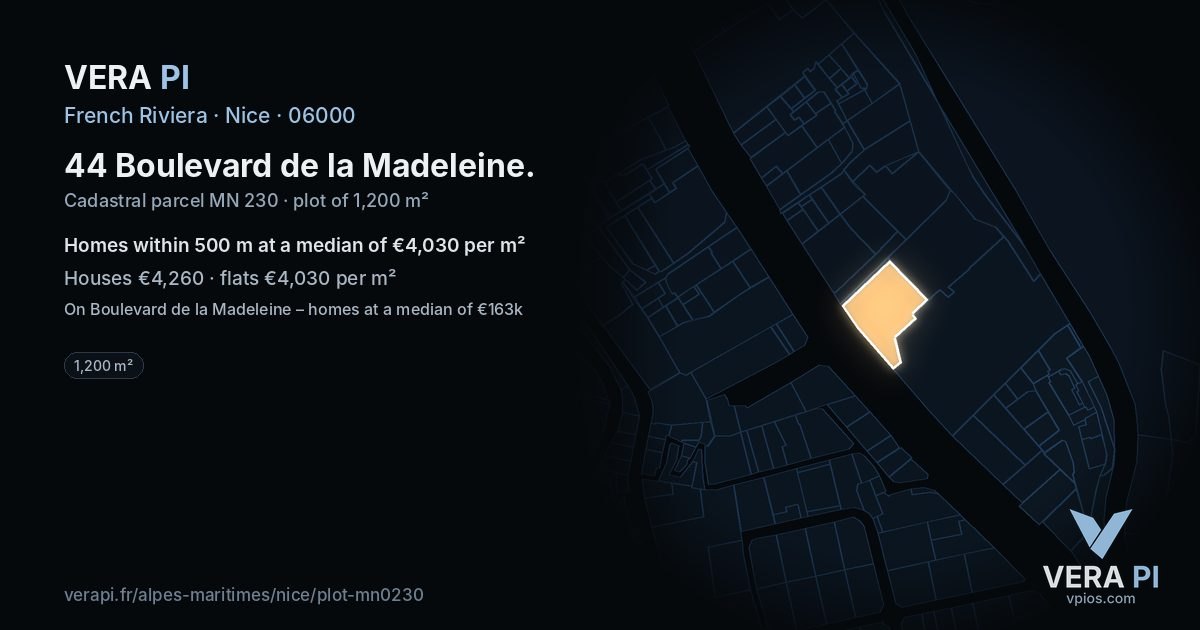 44 Boulevard de la Madeleine, Nice at night – the plot lit, the parcels around coloured by the prices near them