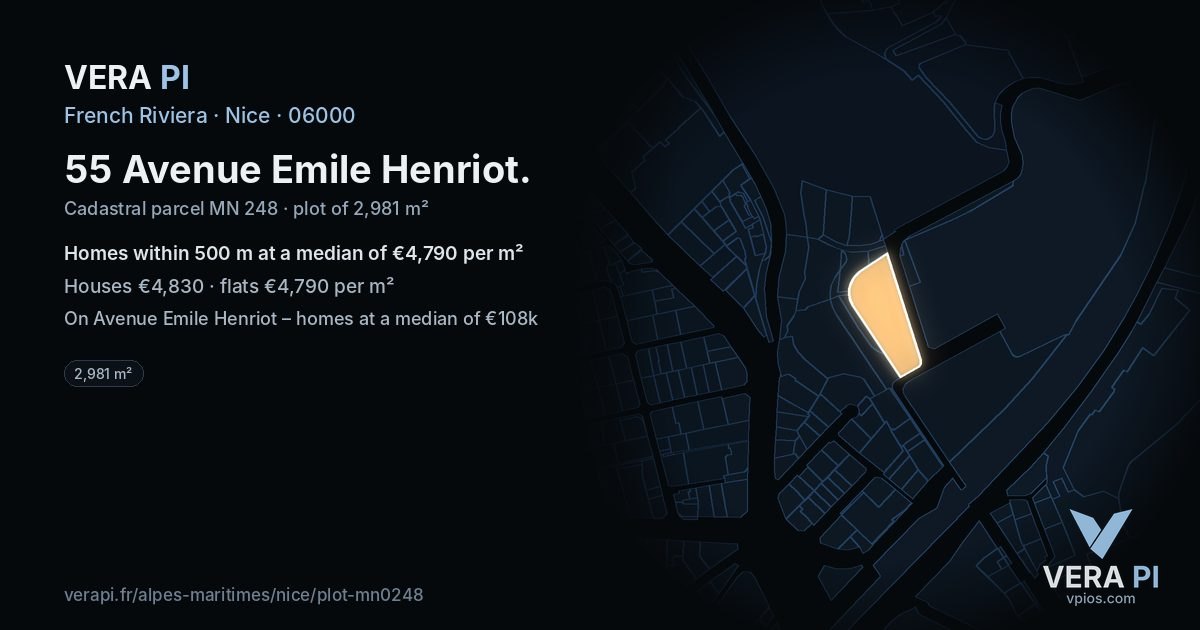 55 Avenue Emile Henriot, Nice at night – the plot lit, the parcels around coloured by the prices near them