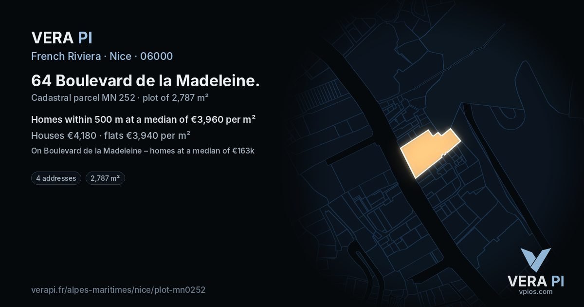 64 Boulevard de la Madeleine, Nice at night – the plot lit, the parcels around coloured by the prices near them
