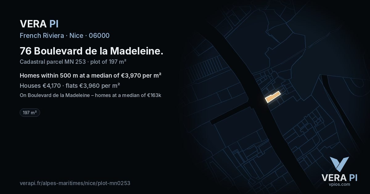 76 Boulevard de la Madeleine, Nice at night – the plot lit, the parcels around coloured by the prices near them