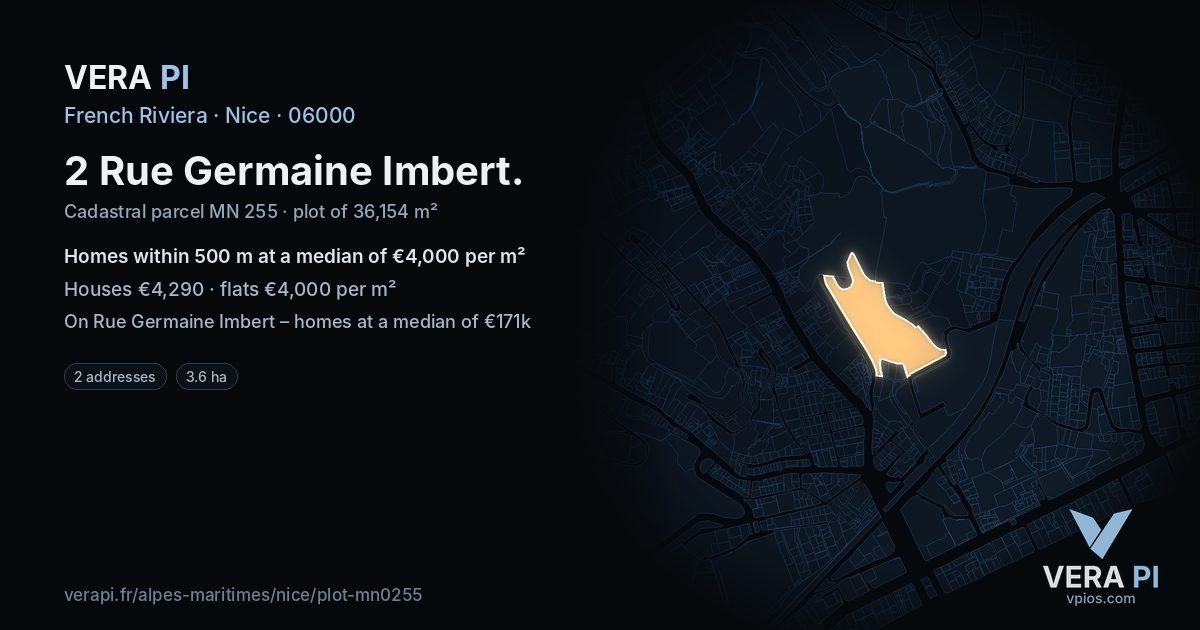 2 Rue Germaine Imbert, Nice at night – the plot lit, the parcels around coloured by the prices near them