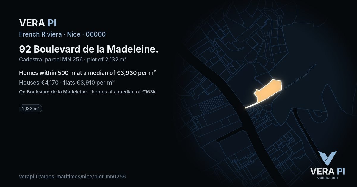 92 Boulevard de la Madeleine, Nice at night – the plot lit, the parcels around coloured by the prices near them