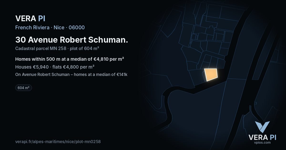 30 Avenue Robert Schuman, Nice at night – the plot lit, the parcels around coloured by the prices near them