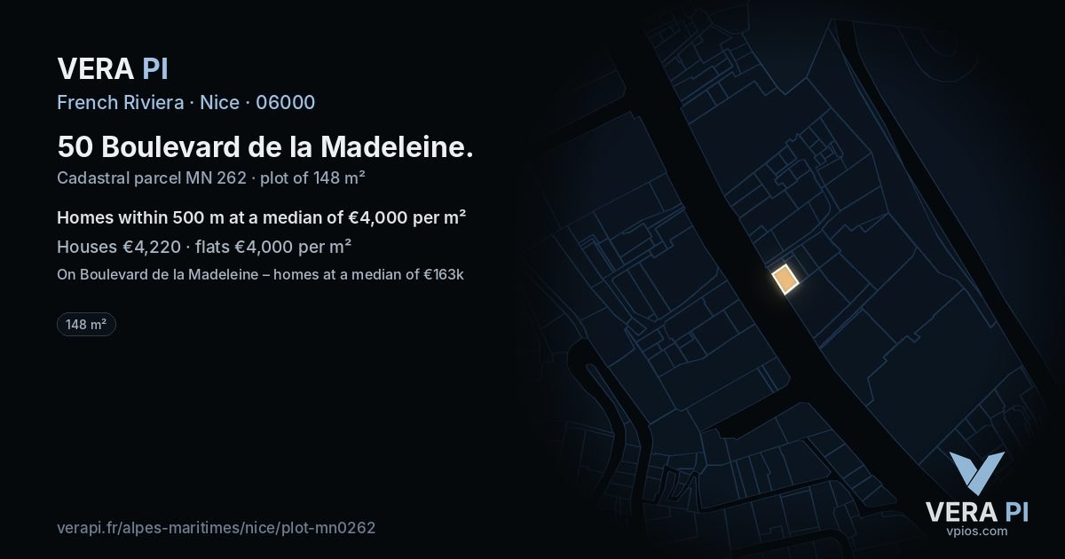 50 Boulevard de la Madeleine, Nice at night – the plot lit, the parcels around coloured by the prices near them