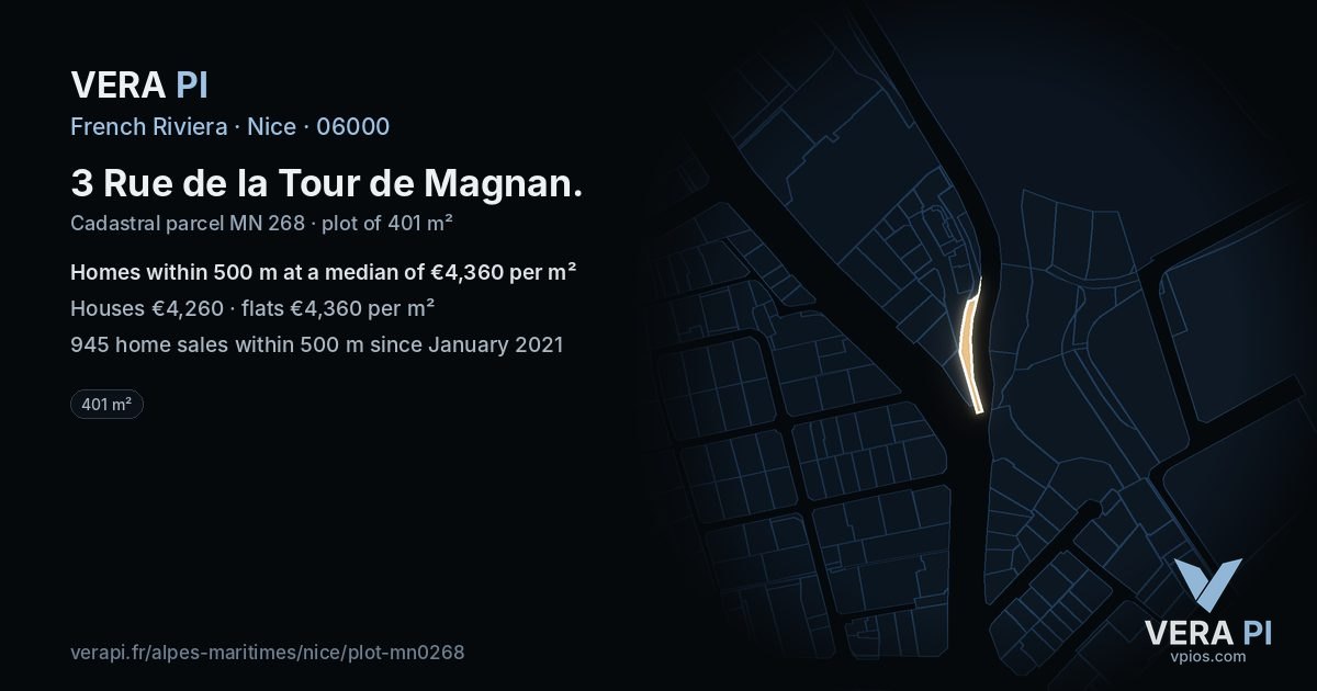3 Rue de la Tour de Magnan, Nice at night – the plot lit, the parcels around coloured by the prices near them