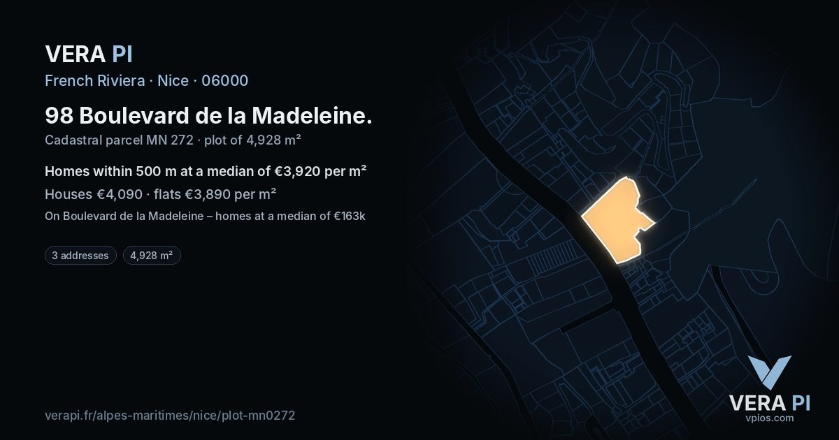 98 Boulevard de la Madeleine, Nice at night – the plot lit, the parcels around coloured by the prices near them