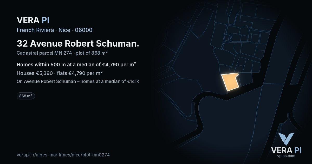 32 Avenue Robert Schuman, Nice at night – the plot lit, the parcels around coloured by the prices near them