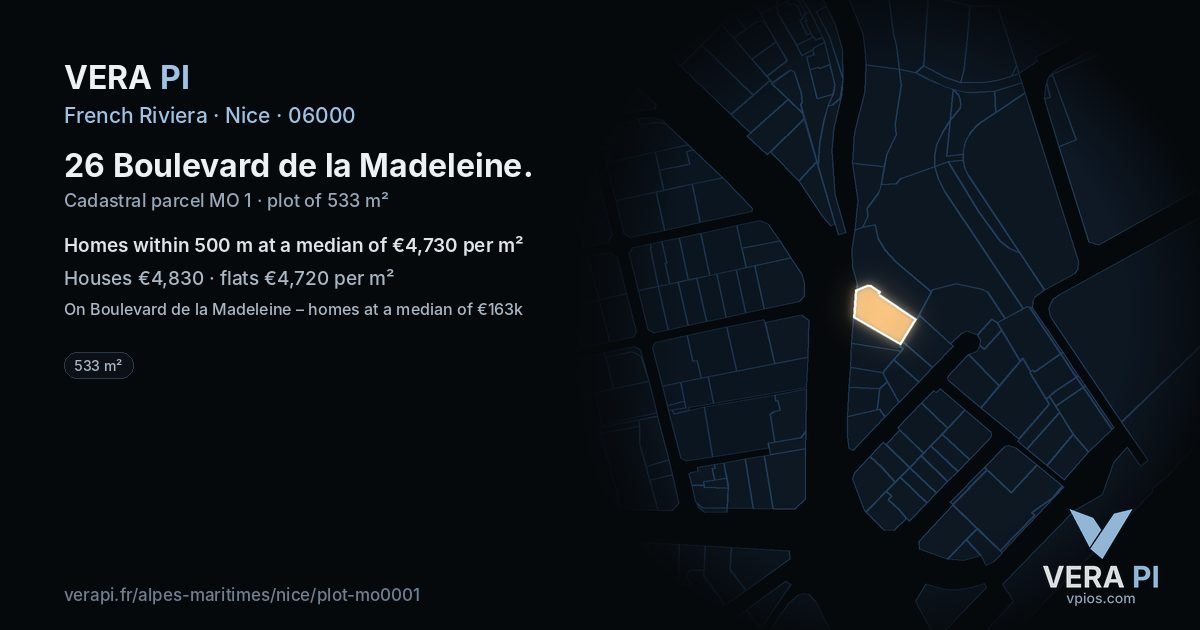26 Boulevard de la Madeleine, Nice at night – the plot lit, the parcels around coloured by the prices near them