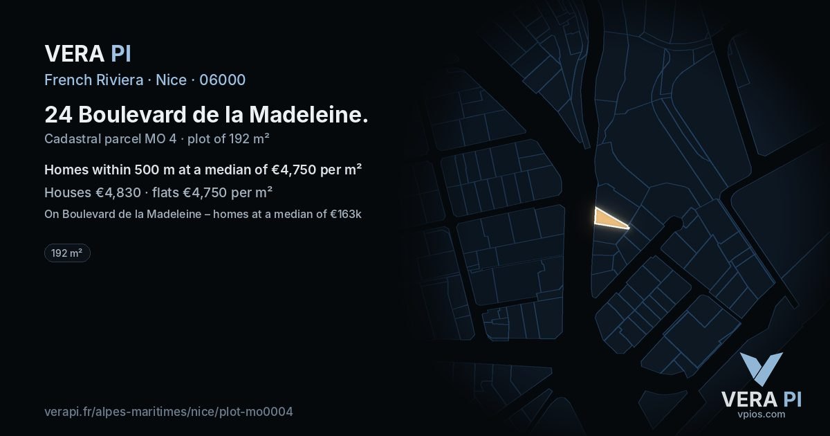 24 Boulevard de la Madeleine, Nice at night – the plot lit, the parcels around coloured by the prices near them
