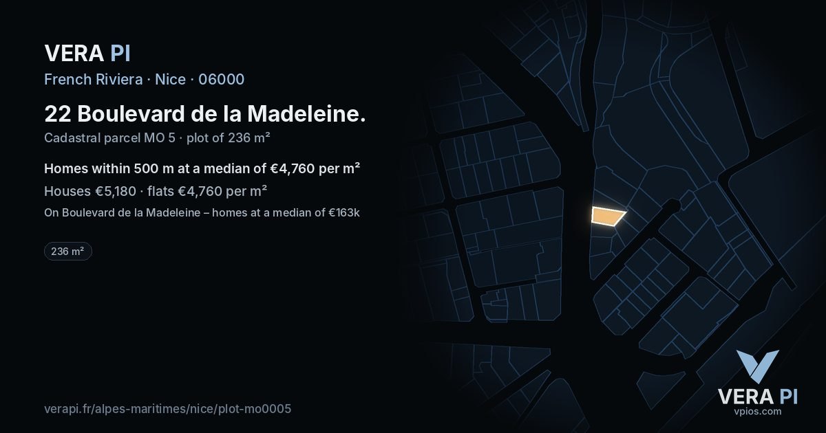 22 Boulevard de la Madeleine, Nice at night – the plot lit, the parcels around coloured by the prices near them