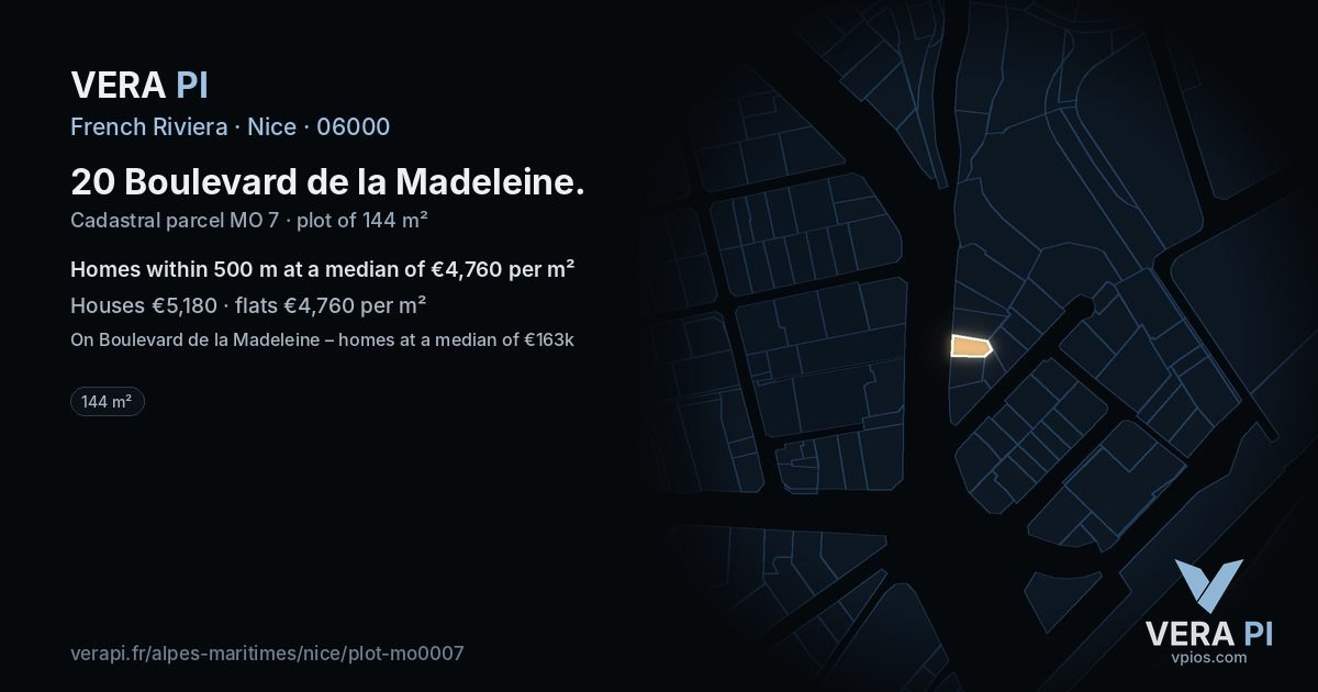 20 Boulevard de la Madeleine, Nice at night – the plot lit, the parcels around coloured by the prices near them