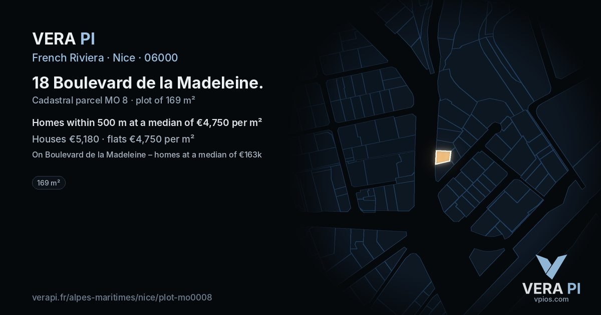 18 Boulevard de la Madeleine, Nice at night – the plot lit, the parcels around coloured by the prices near them