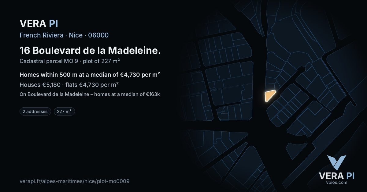 16 Boulevard de la Madeleine, Nice at night – the plot lit, the parcels around coloured by the prices near them