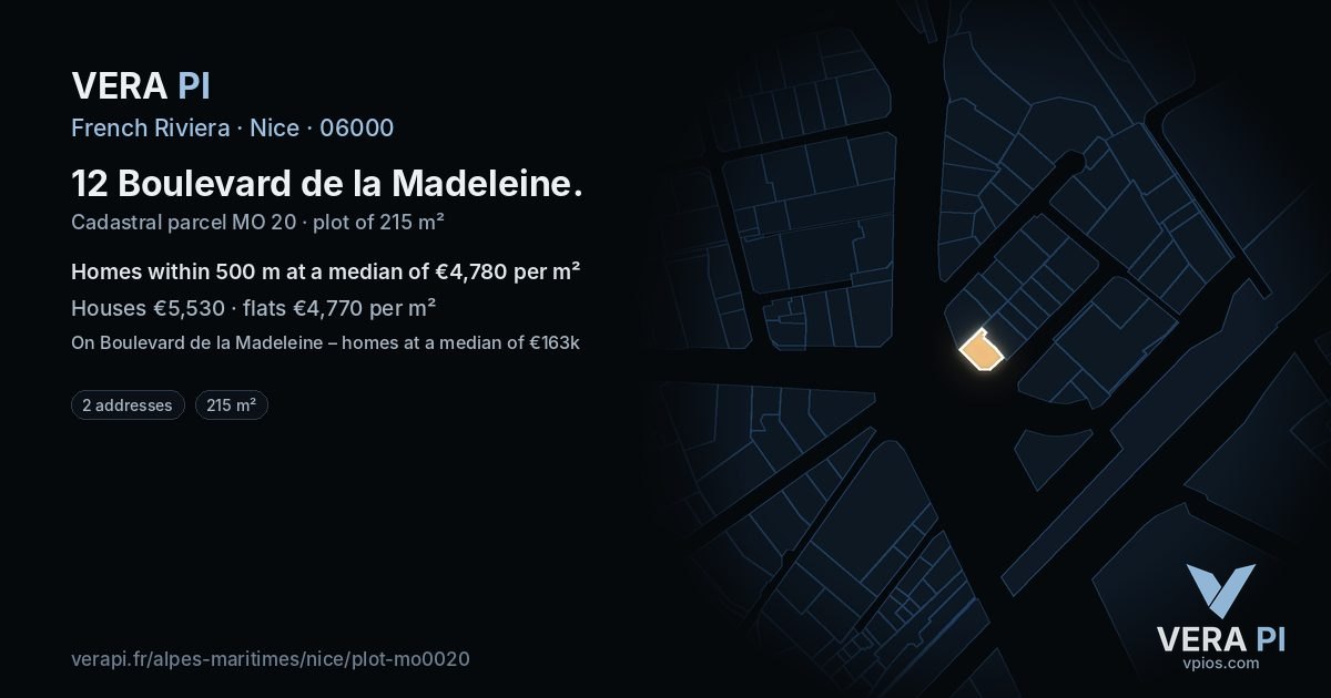 12 Boulevard de la Madeleine, Nice at night – the plot lit, the parcels around coloured by the prices near them