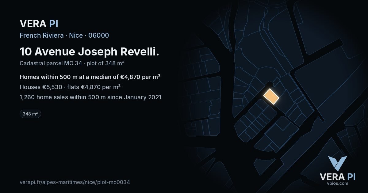 10 Avenue Joseph Revelli, Nice at night – the plot lit, the parcels around coloured by the prices near them