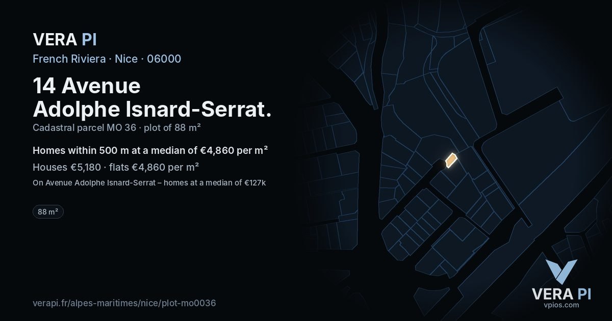 14 Avenue Adolphe Isnard-Serrat, Nice at night – the plot lit, the parcels around coloured by the prices near them