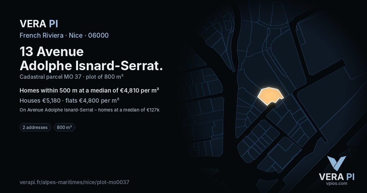 13 Avenue Adolphe Isnard-Serrat, Nice at night – the plot lit, the parcels around coloured by the prices near them