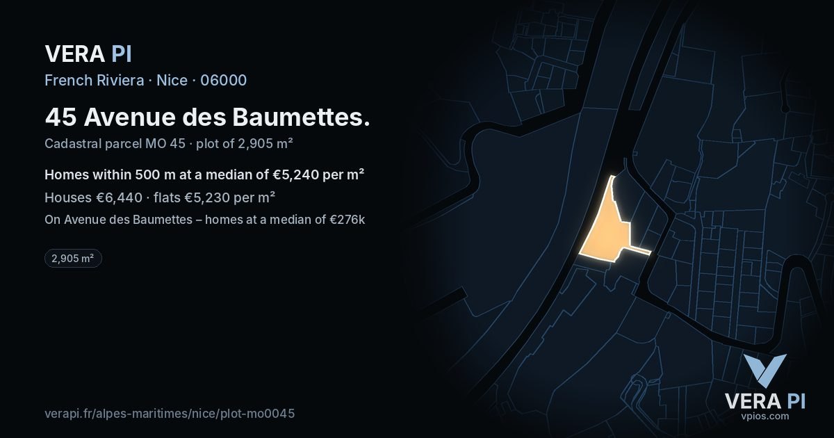 45 Avenue des Baumettes, Nice at night – the plot lit, the parcels around coloured by the prices near them
