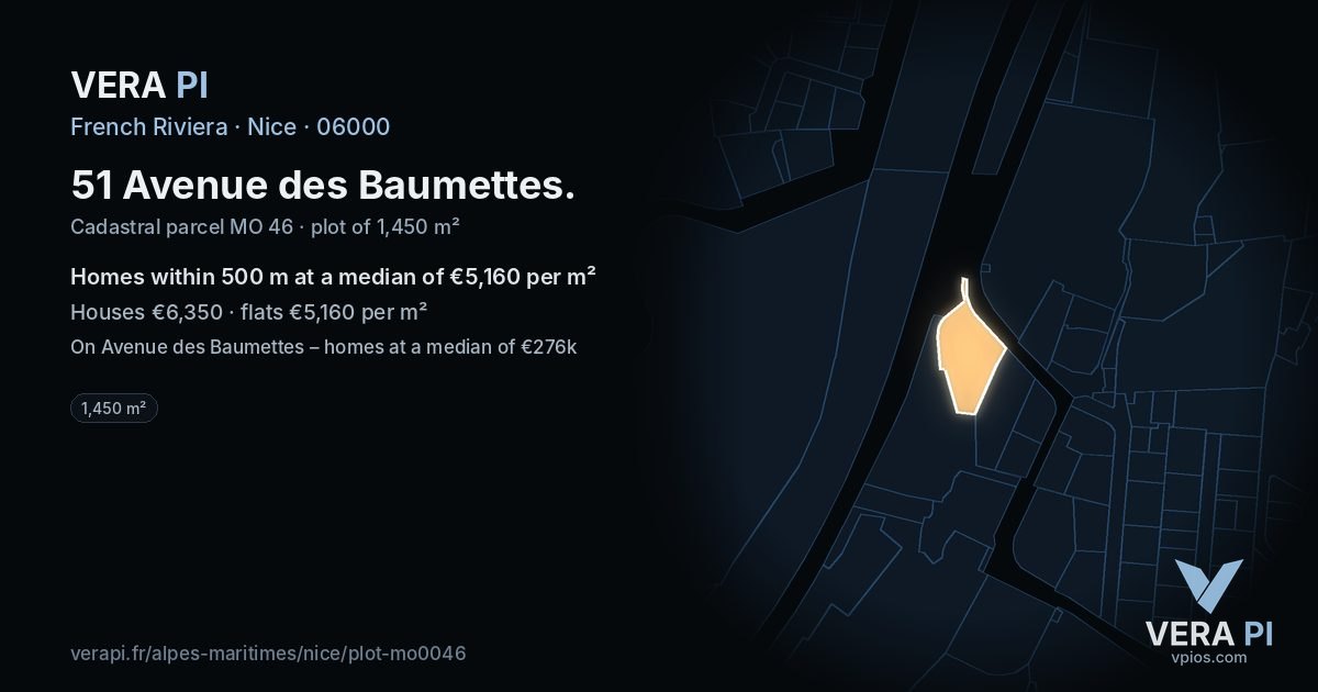 51 Avenue des Baumettes, Nice at night – the plot lit, the parcels around coloured by the prices near them