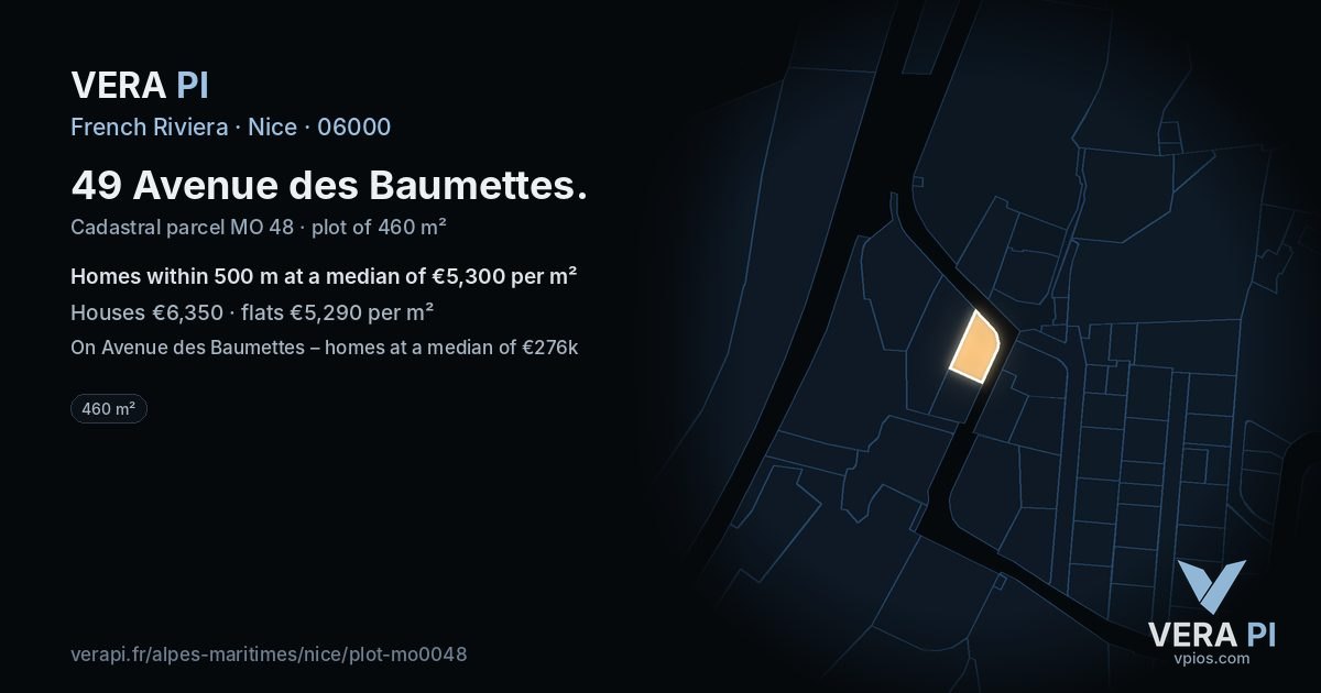 49 Avenue des Baumettes, Nice at night – the plot lit, the parcels around coloured by the prices near them