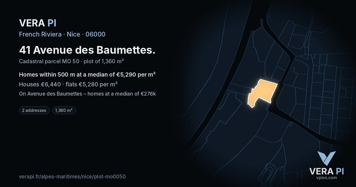 41 Avenue des Baumettes, Nice at night – the plot lit, the parcels around coloured by the prices near them