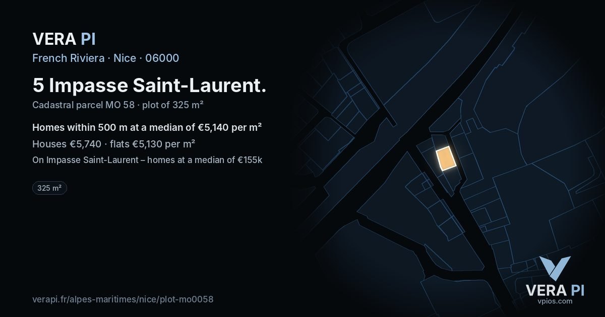 5 Impasse Saint-Laurent, Nice at night – the plot lit, the parcels around coloured by the prices near them