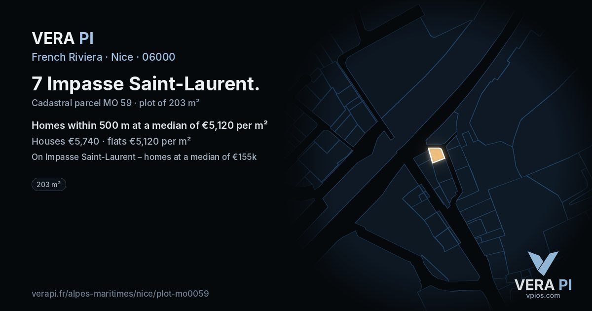 7 Impasse Saint-Laurent, Nice at night – the plot lit, the parcels around coloured by the prices near them