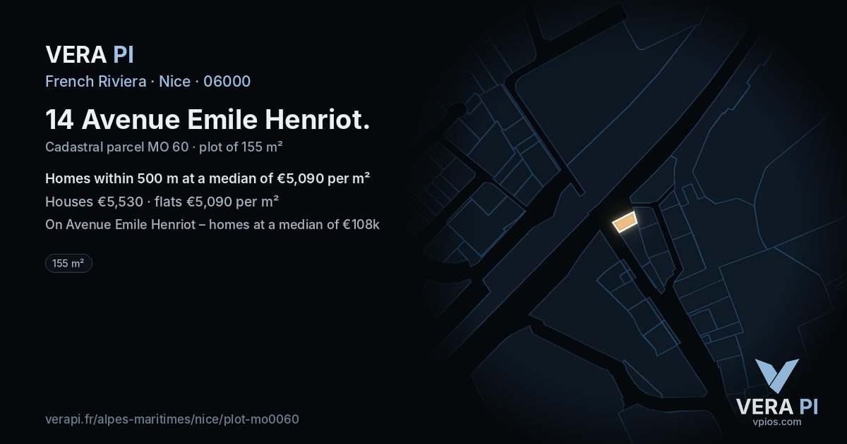 14 Avenue Emile Henriot, Nice at night – the plot lit, the parcels around coloured by the prices near them