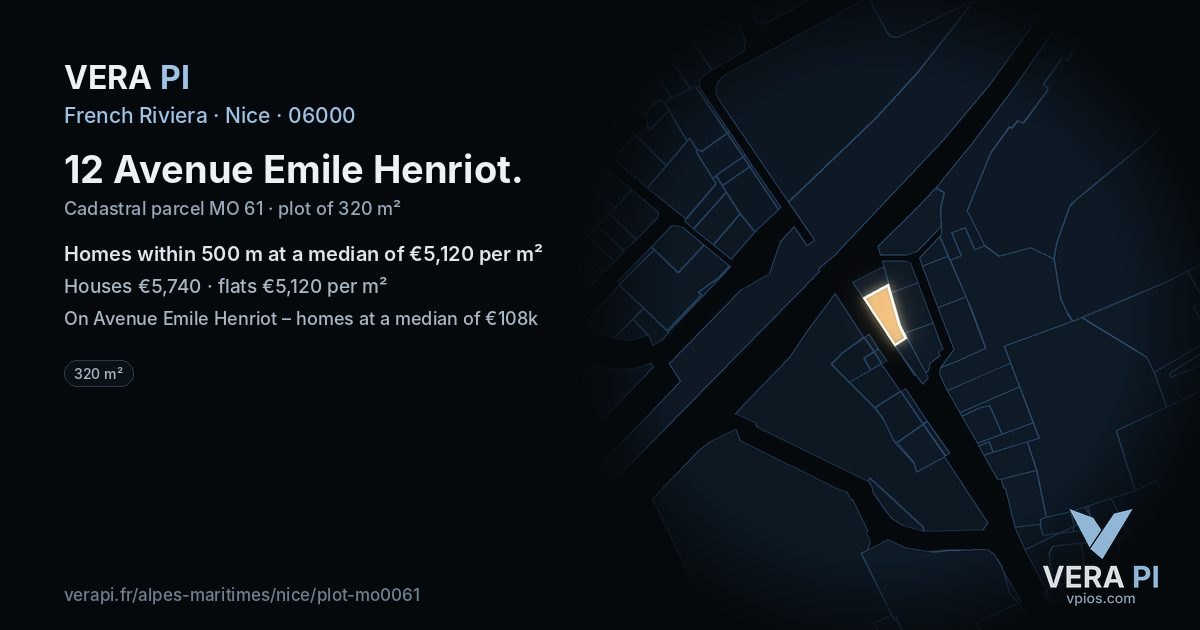 12 Avenue Emile Henriot, Nice at night – the plot lit, the parcels around coloured by the prices near them