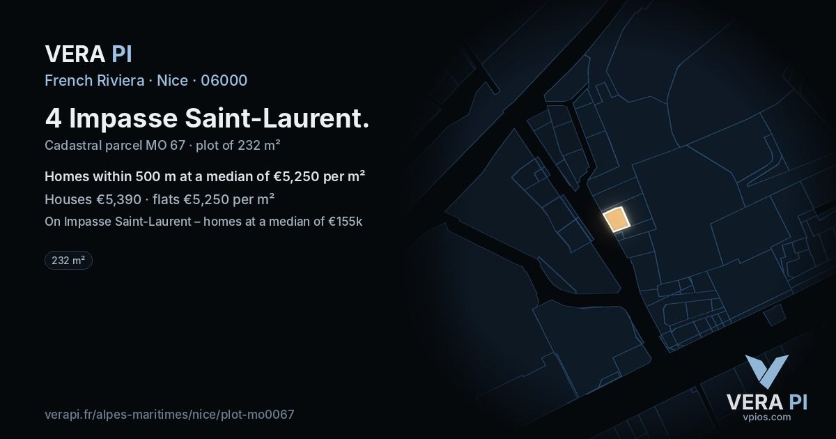 4 Impasse Saint-Laurent, Nice at night – the plot lit, the parcels around coloured by the prices near them