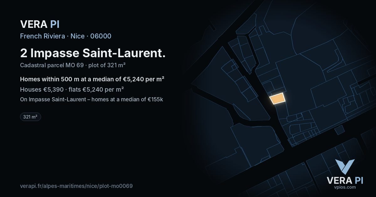 2 Impasse Saint-Laurent, Nice at night – the plot lit, the parcels around coloured by the prices near them