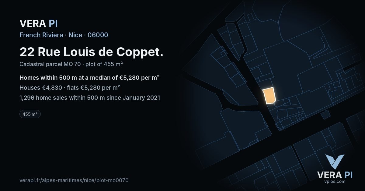 22 Rue Louis de Coppet, Nice at night – the plot lit, the parcels around coloured by the prices near them
