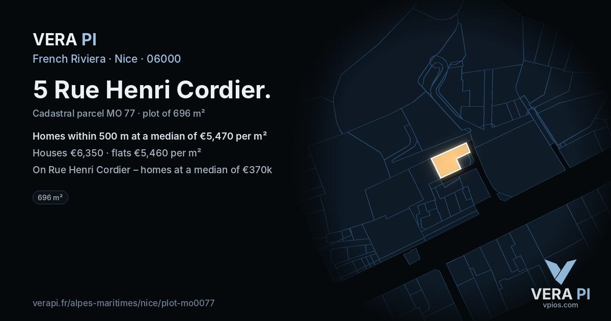 5 Rue Henri Cordier, Nice at night – the plot lit, the parcels around coloured by the prices near them