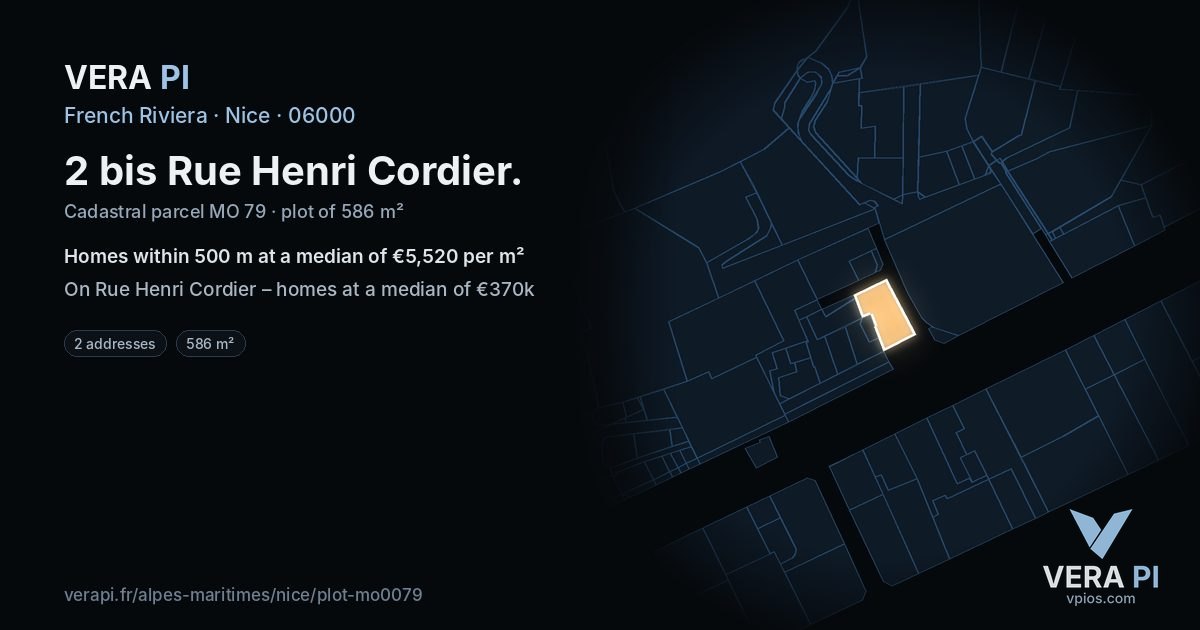 2 bis Rue Henri Cordier, Nice at night – the plot lit, the parcels around coloured by the prices near them