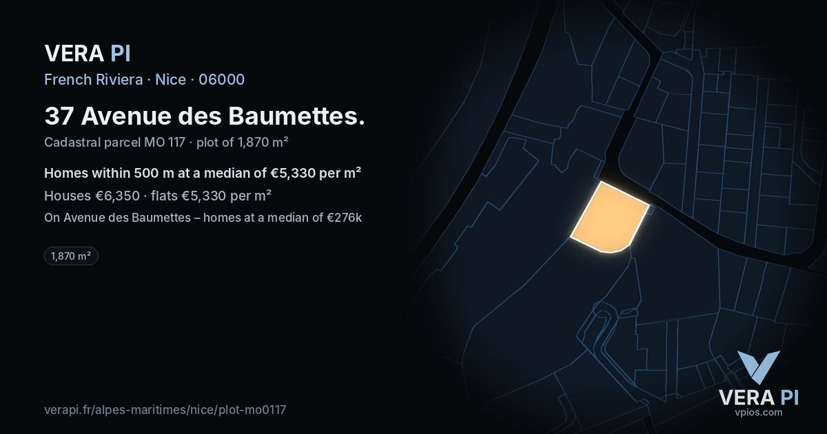37 Avenue des Baumettes, Nice at night – the plot lit, the parcels around coloured by the prices near them