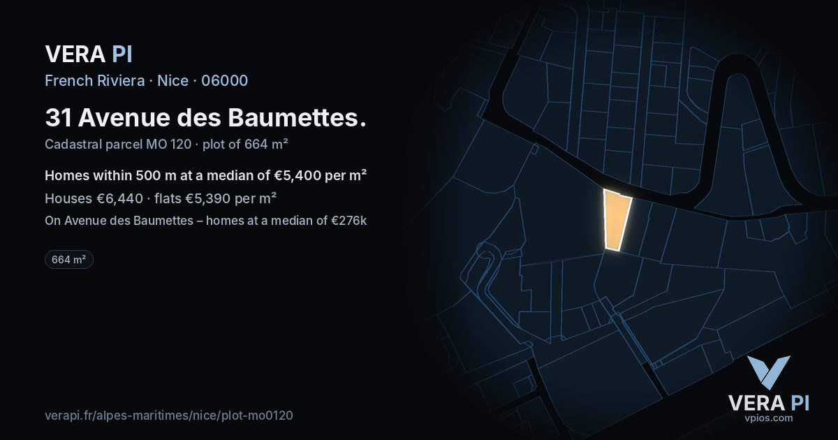 31 Avenue des Baumettes, Nice at night – the plot lit, the parcels around coloured by the prices near them