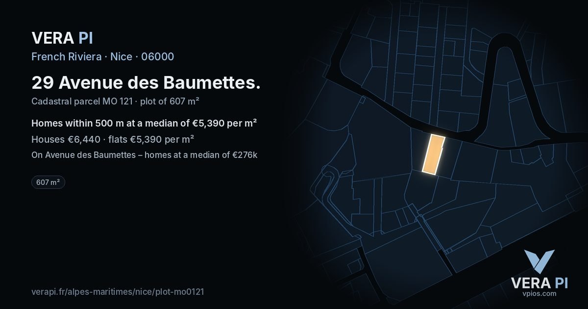 29 Avenue des Baumettes, Nice at night – the plot lit, the parcels around coloured by the prices near them