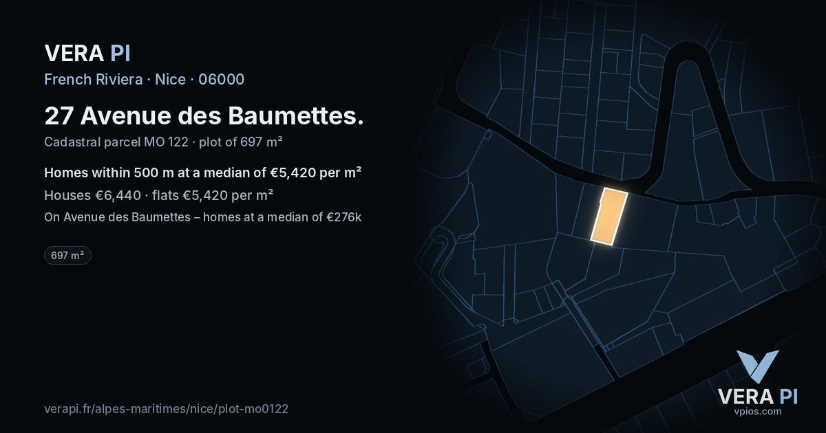27 Avenue des Baumettes, Nice at night – the plot lit, the parcels around coloured by the prices near them