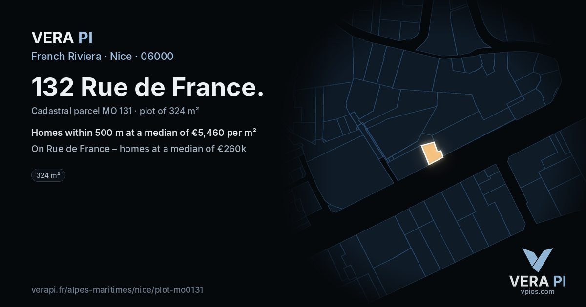 132 Rue de France, Nice at night – the plot lit, the parcels around coloured by the prices near them