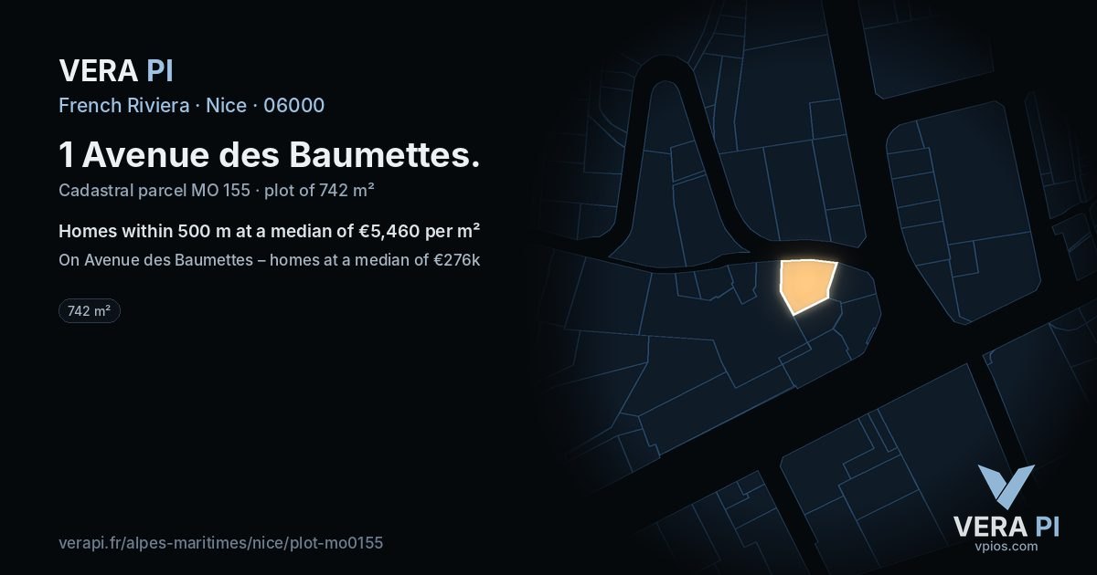 1 Avenue des Baumettes, Nice at night – the plot lit, the parcels around coloured by the prices near them