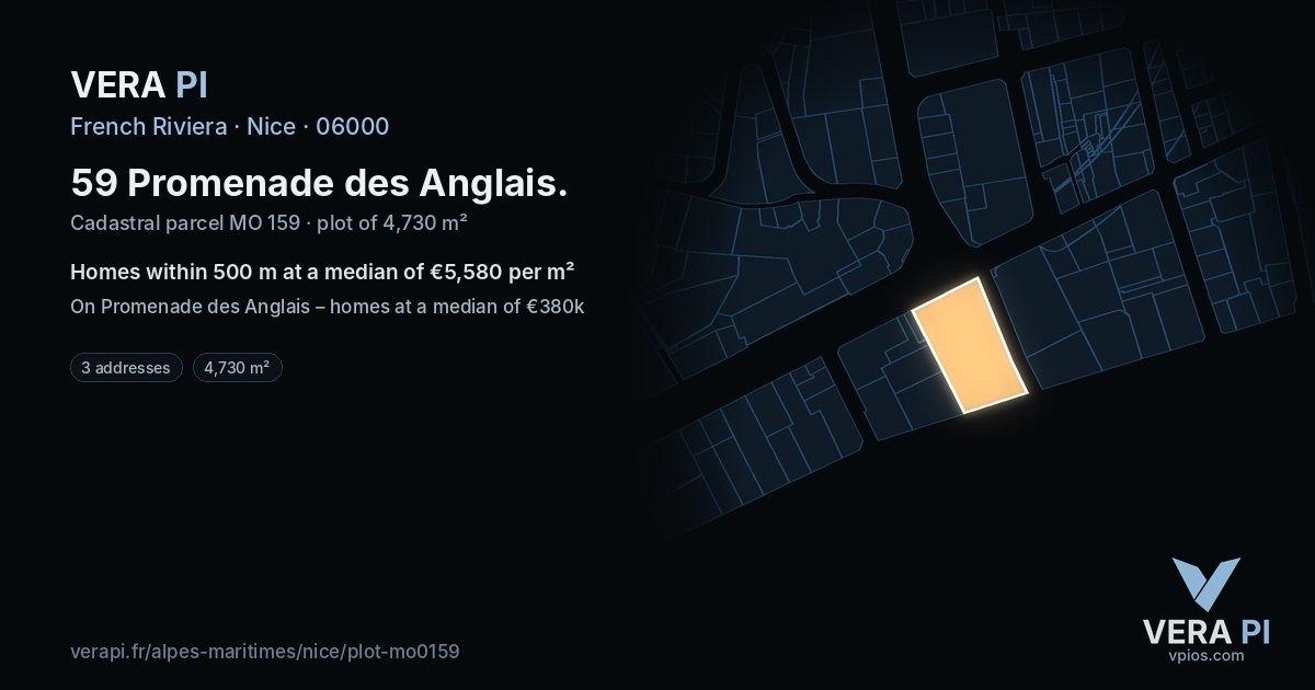 59 Promenade des Anglais, Nice at night – the plot lit, the parcels around coloured by the prices near them