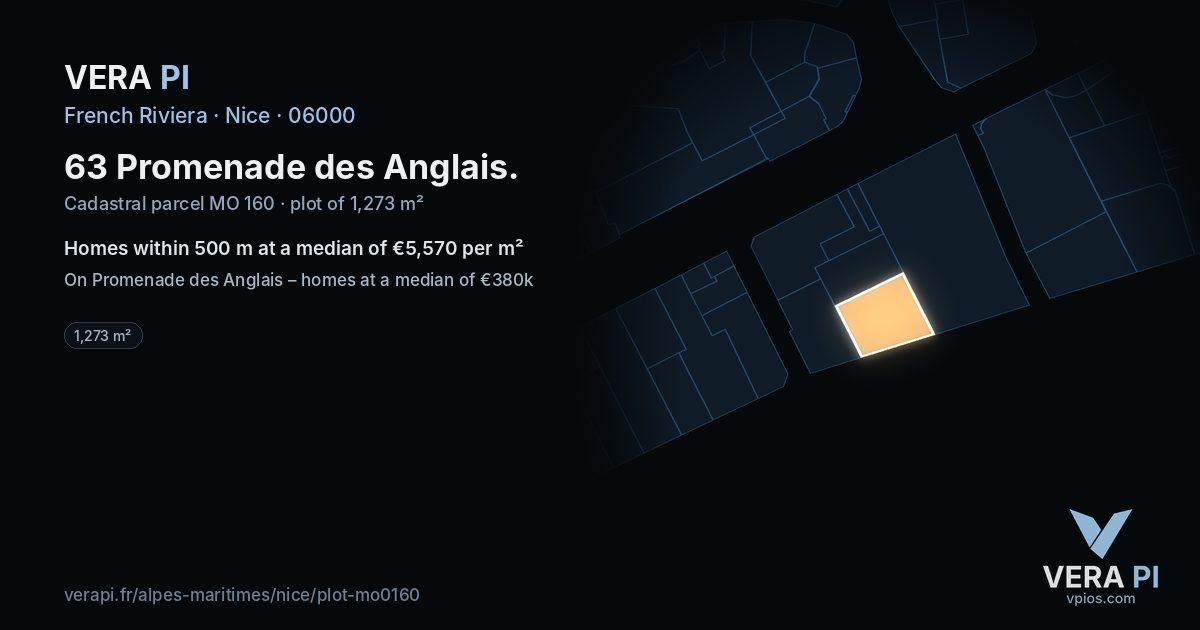 63 Promenade des Anglais, Nice at night – the plot lit, the parcels around coloured by the prices near them