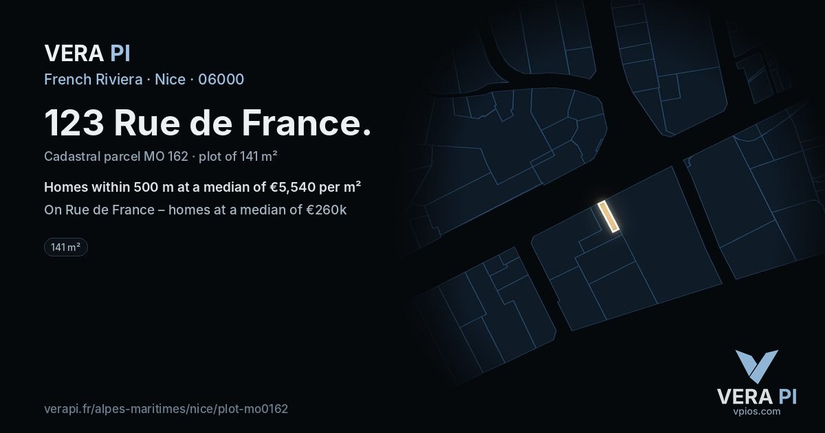 123 Rue de France, Nice at night – the plot lit, the parcels around coloured by the prices near them