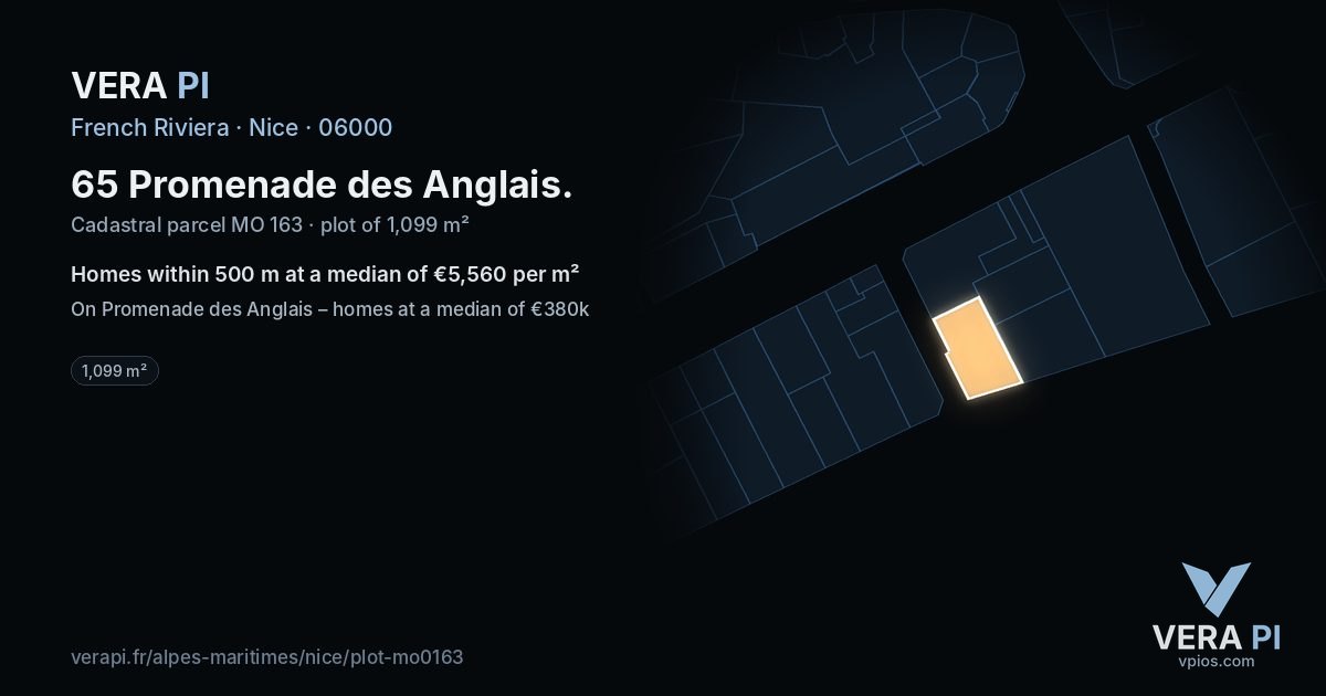 65 Promenade des Anglais, Nice at night – the plot lit, the parcels around coloured by the prices near them