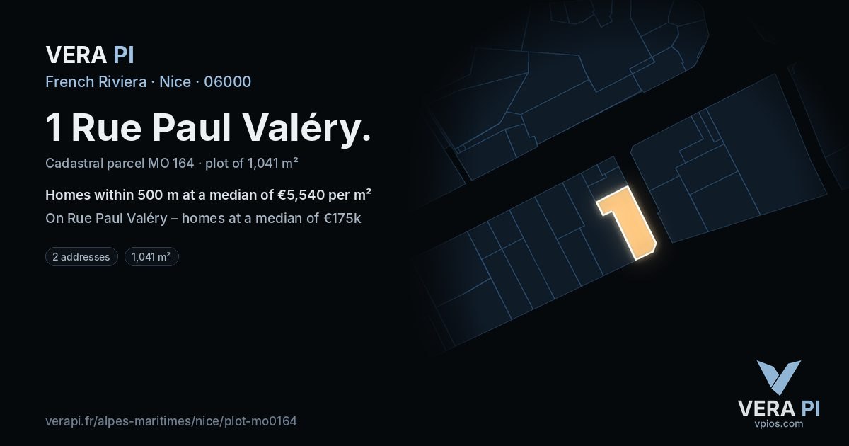 1 Rue Paul Valéry, Nice at night – the plot lit, the parcels around coloured by the prices near them