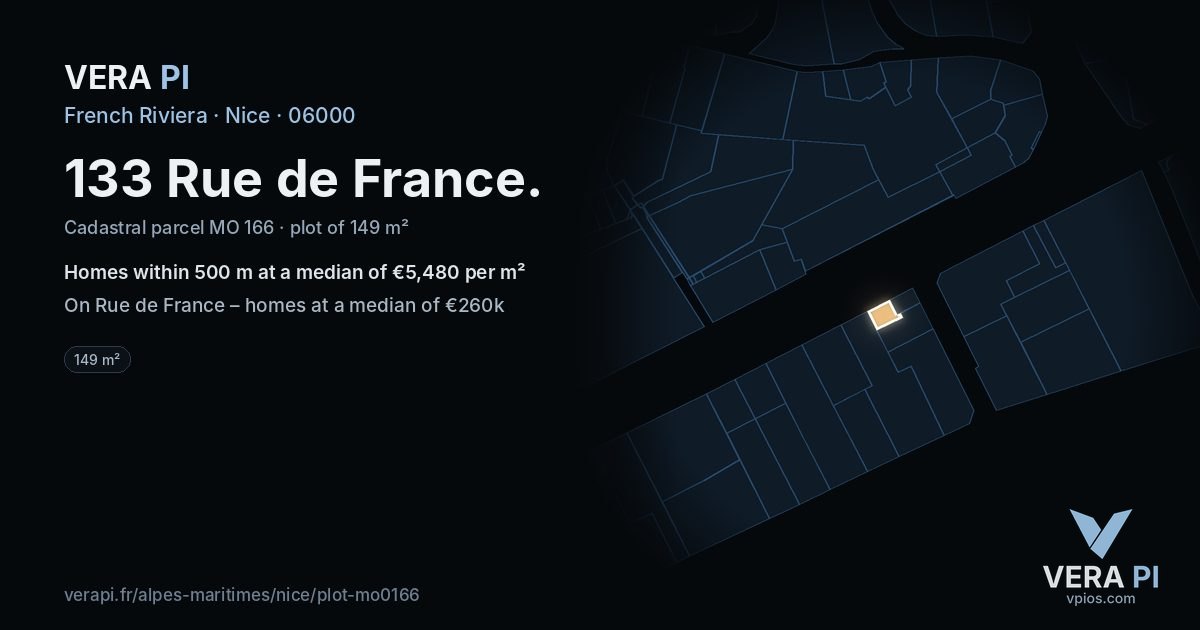 133 Rue de France, Nice at night – the plot lit, the parcels around coloured by the prices near them