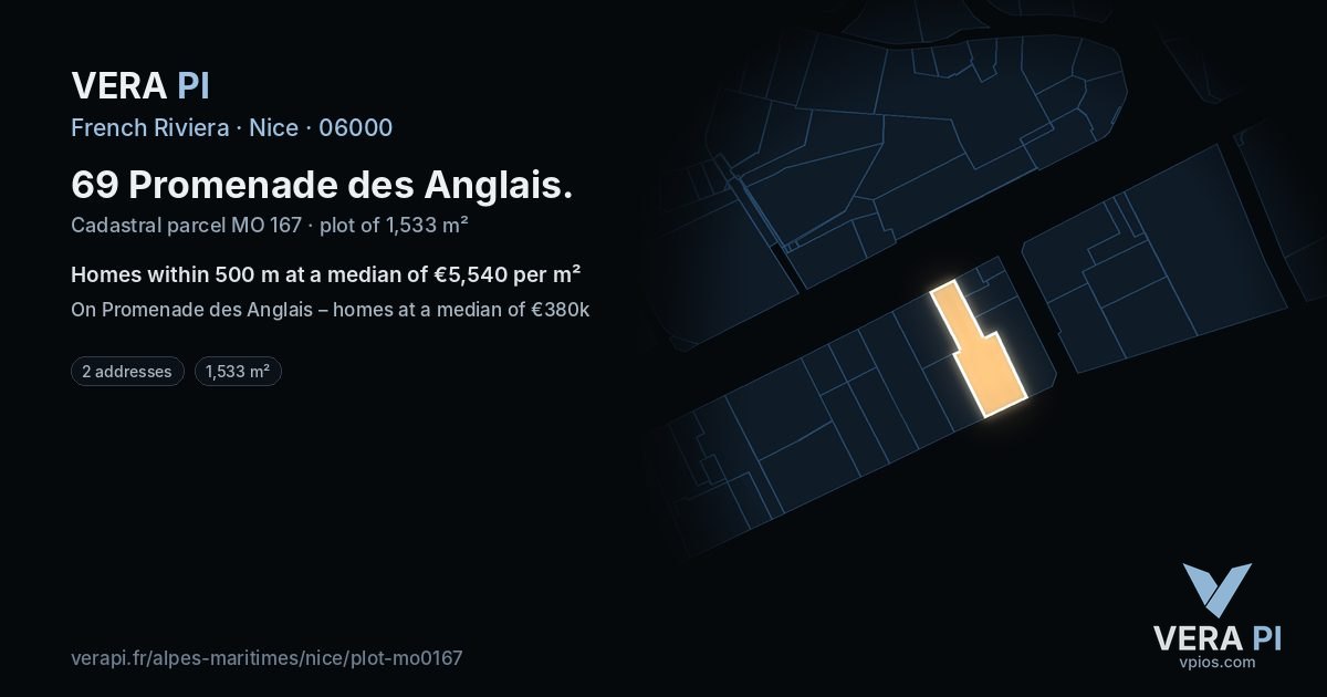 69 Promenade des Anglais, Nice at night – the plot lit, the parcels around coloured by the prices near them