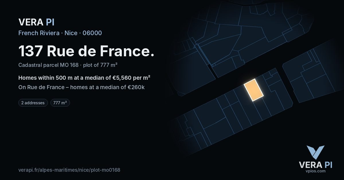 137 Rue de France, Nice at night – the plot lit, the parcels around coloured by the prices near them