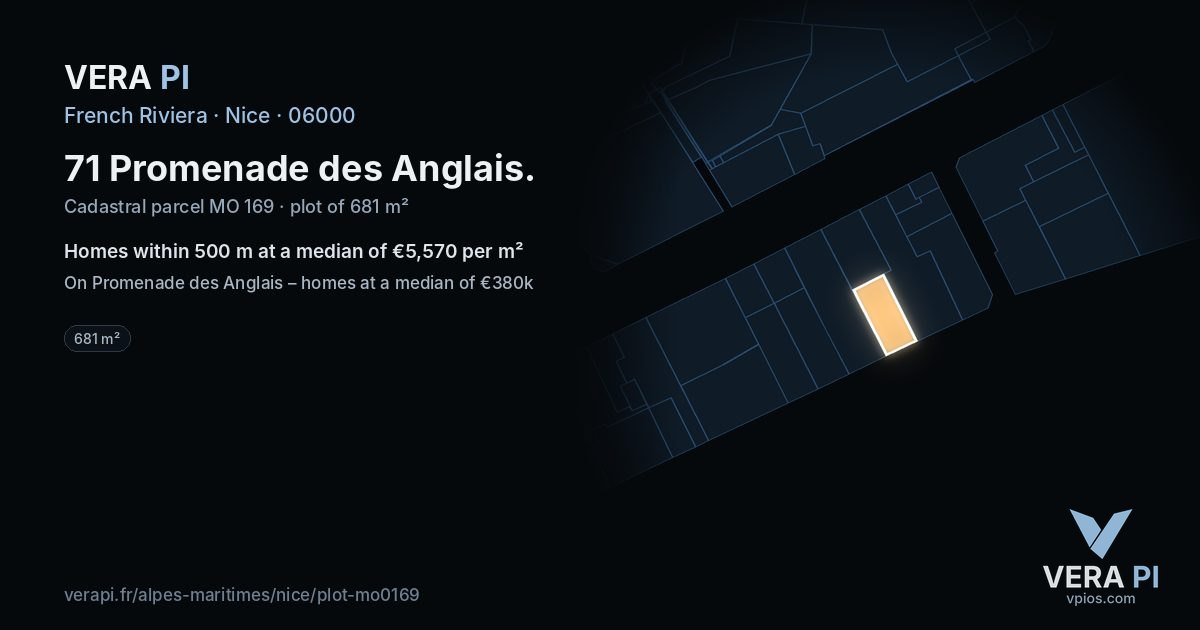 71 Promenade des Anglais, Nice at night – the plot lit, the parcels around coloured by the prices near them