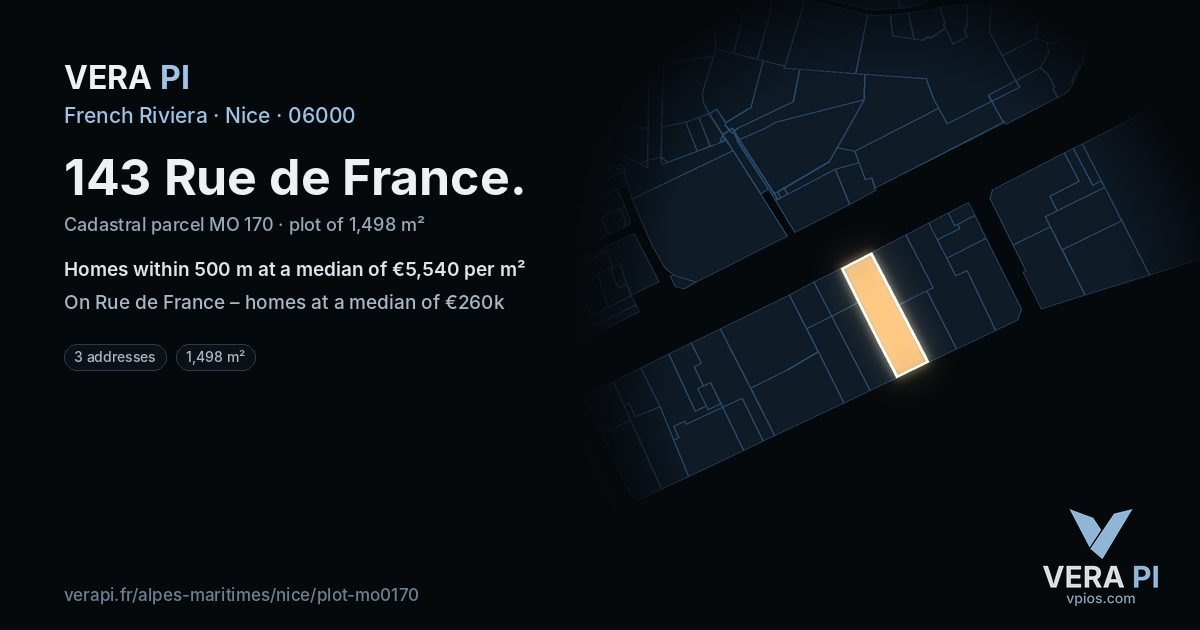 143 Rue de France, Nice at night – the plot lit, the parcels around coloured by the prices near them